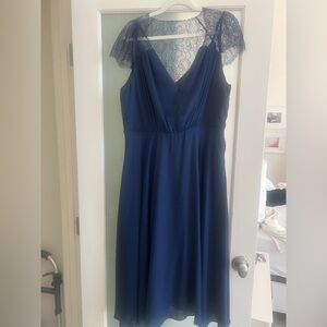 ASOS Navy Lace-Sleeve V-Neck Midi Dress